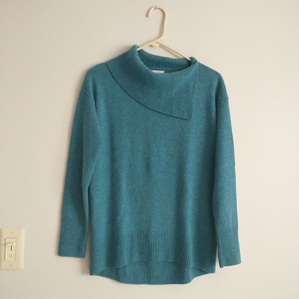 Nicole Miller Sweater Womens S Green 100% Cashmere Knit Cowl Neck Boxy Cut